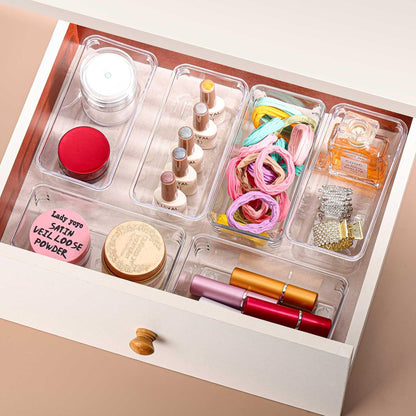 Ohlove 6 Pcs Large Clear Plastic Drawer Organizers Tray 15" x 6.3" Storage Bins with 25 Pcs Non-Slip Pads for Makeup, Jewelries, Kitchen Utensils, Bathroom and Office