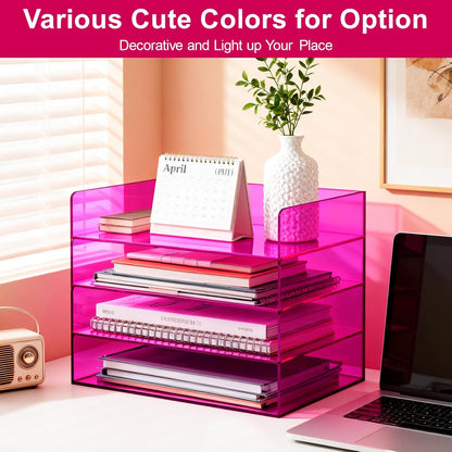 Gelite Acrylic File Organizer for Desk 4 Tiered Stackable Letter Tray Office Paper Storage Desktop Document Sorter, Neon Pink