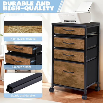 Chunful 4 Drawer Rolling File Cabinet Mobile Printer Stand Metal Cart with Fabric Vertical Filing Chest Wheels A4 Letter Size Under Desk Utility Craft Storage Organizer for Home Office School(Grey)