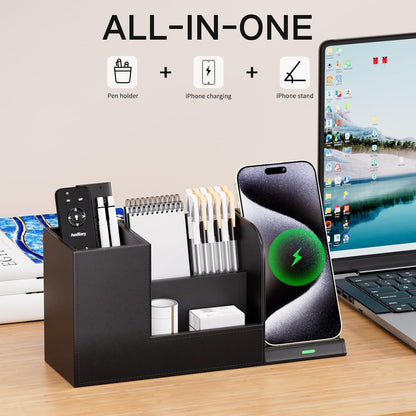 Multi-Functional Pencil Holder for Desk, Desk Organizers and Accessories with 4 Compartments for Office Art Supplies,Desk Phone Stand Charger for Desktop/Counter,Wihte Office Storage for Pens, Keys