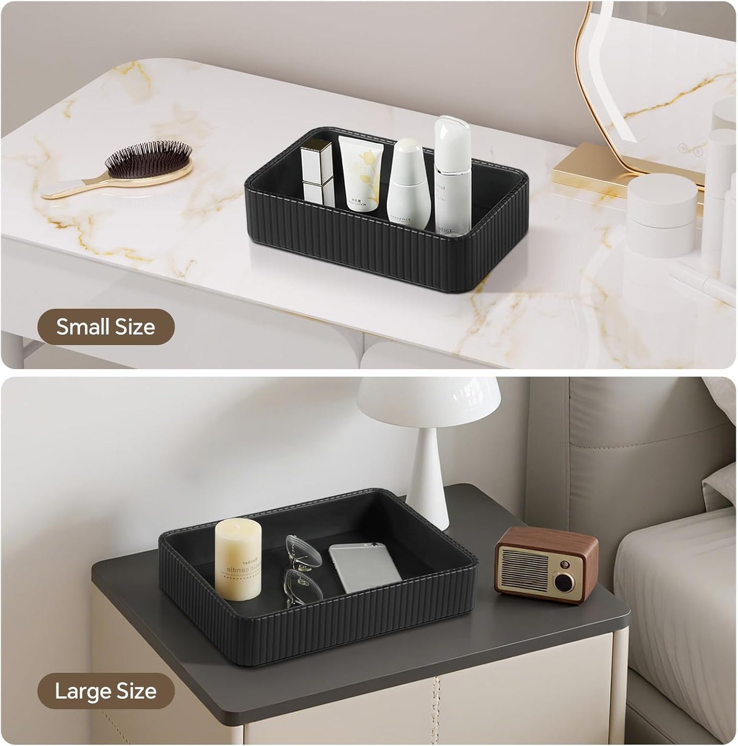 Desk Organizer Tray, PU Leather Nightstand Organizer Perfume Valet Tray for Men Women, Decorative Vanity Trays Trinket Dish Key Bowl for Entryway Table (2pcs, Ivory, Large+Small)