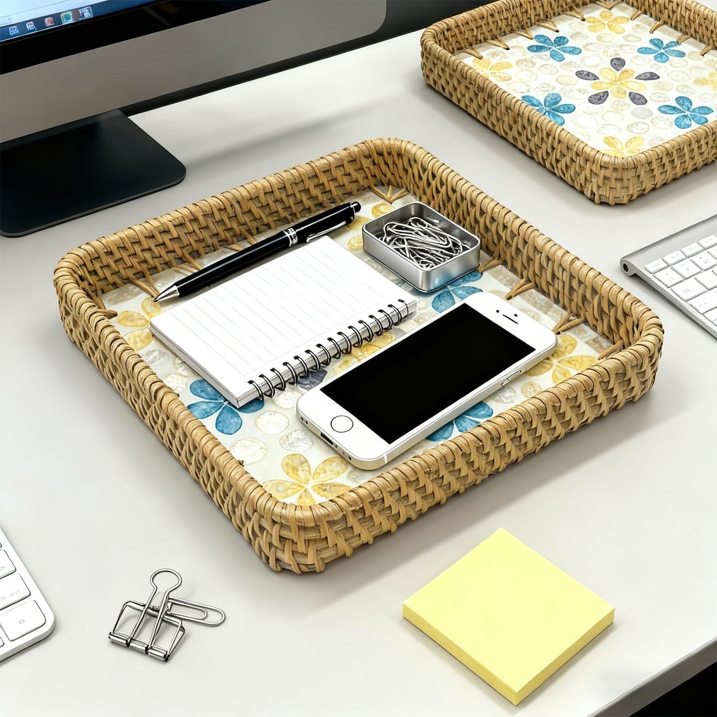 Handwoven Wicker Valet Tray, 8 Inch Square Catch All Organizer for Jewelry, Watches & Keys | Decorative Tray for Nightstand, Desk, Entryway, Coffee Table & Bathroom Counter