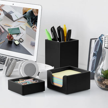 Desk Organizer Set of 3 - Bamboo Office Desk Accessories - Desk Organizers and Accessories for Women Men - Set incl. Pencil Pen Holder, Paperclip Storage and Sticky Note Holder