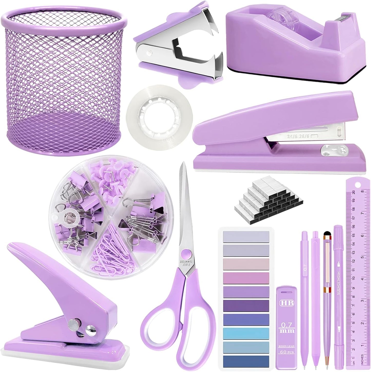 Purple Desk Accessories, 17Pcs Purple Office Supplies Set with Stapler, Mesh Desk Organizer, Tape Dispenser, Staple Remover, Pen Holder, Clips, Pens, Ruler, for Office Home School Women Students Gift
