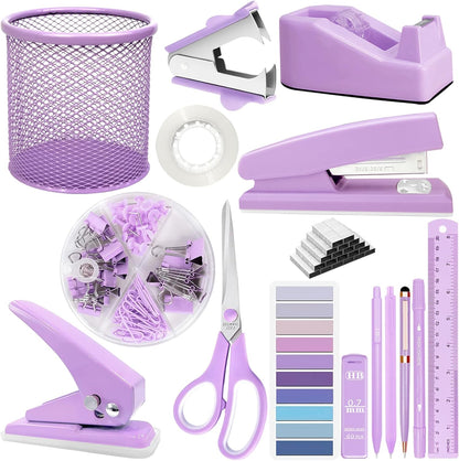 Purple Desk Accessories, 17Pcs Purple Office Supplies Set with Stapler, Mesh Desk Organizer, Tape Dispenser, Staple Remover, Pen Holder, Clips, Pens, Ruler, for Office Home School Women Students Gift