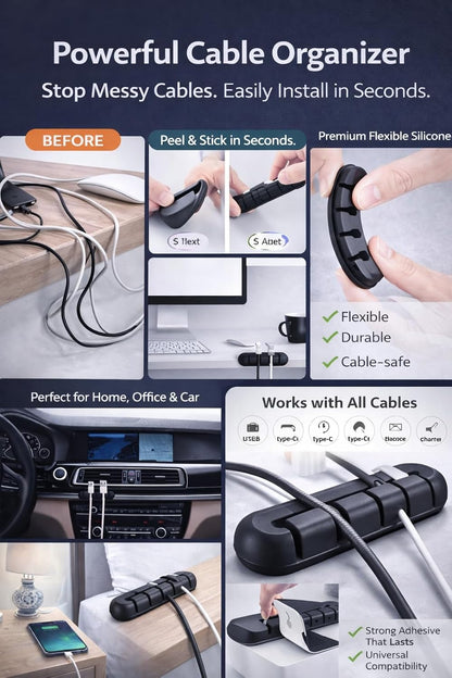Cable Organizer Clips 2-Pack (5-Slot & 3-Slot) – Strong Adhesive Cord Holder for Desk, USB & Charging Cables, Silicone Wire Organizer for Home Office & Car – No-Drill, Keeps Cables Tidy
