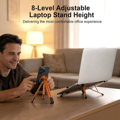 3-in-1 Foldable Magnetic Phone Tripod Stand, Portable Aluminum Alloy Adjustable Holder for Tablet, Laptop MacBook Pro/Air 10–16", Magnet Phone Mount Compatible with MagSafe iPhone Android