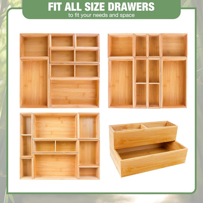 Bamboo Drawer Organizer,5 PCS White Bathroom Tray&Desk Organizers and Storage,Cabinet Divider With Removable Silverware Organization for Kitchen,Utensils,Junk,Office,Makeup