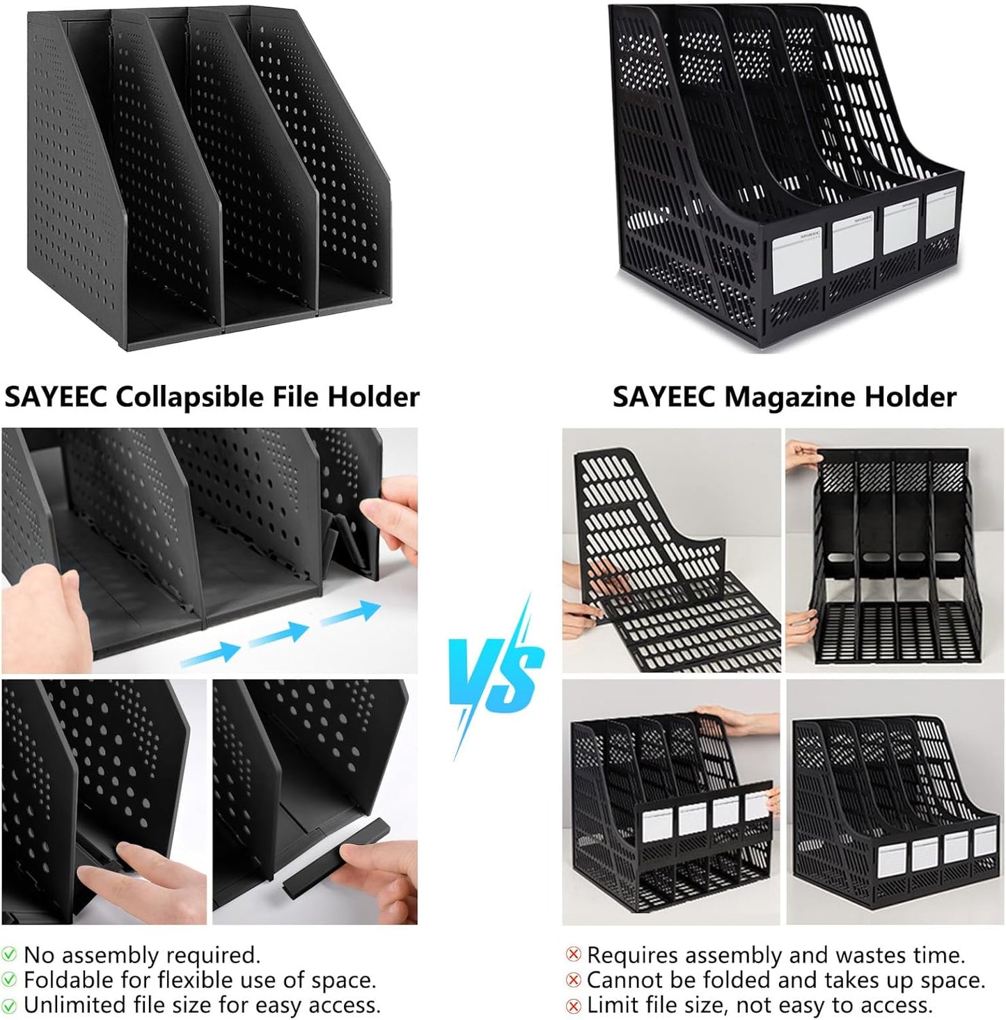 SAYEEC 2Pcs Collapsible Plastic Magazine File Holder Vertical Binder Storage Organizer for Desk Sturdy Upright Desktop Magazine Organizer Folder Rack for Office School Home (3 Compartments, Black)