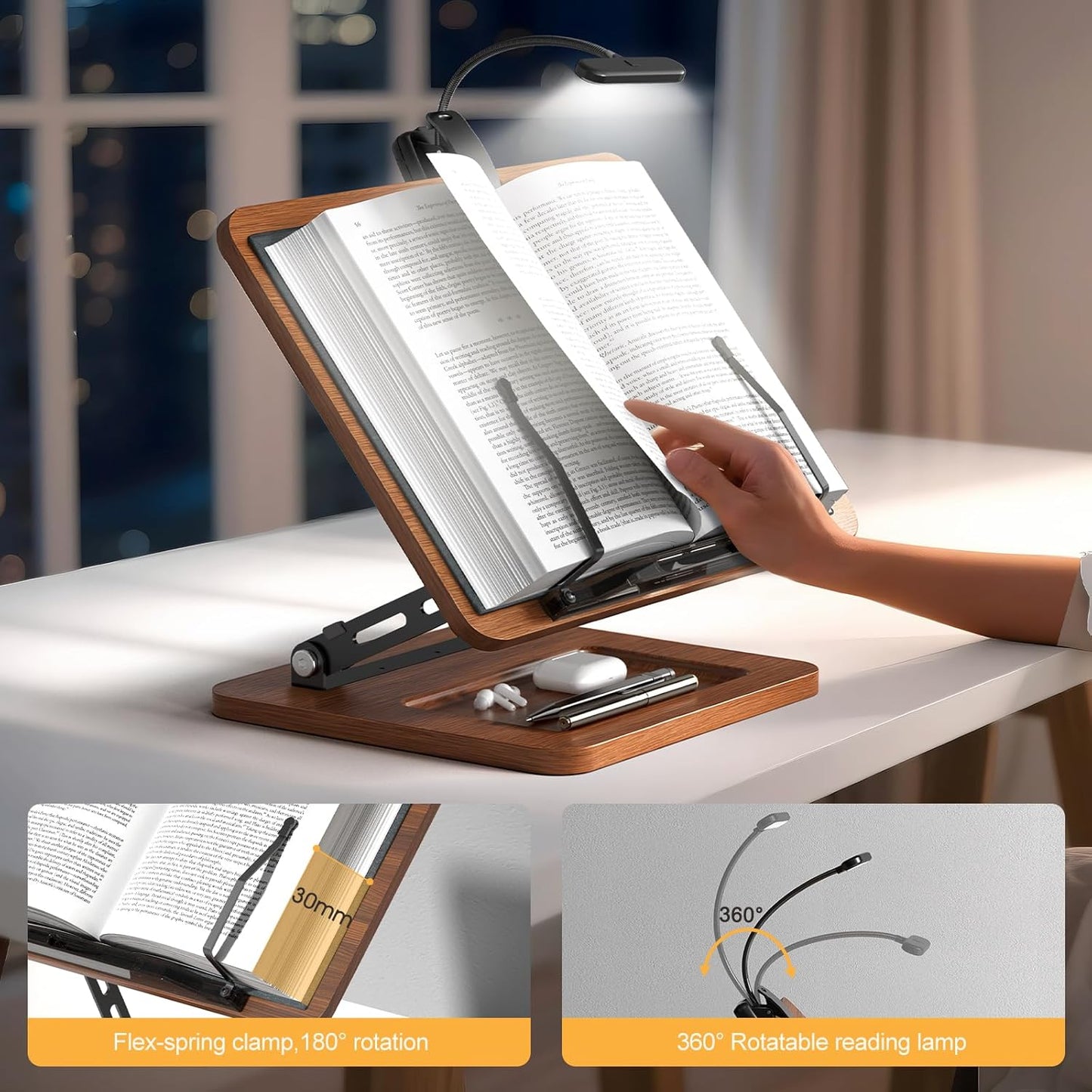 Book Stand for Reading, 360° Rotating Hands Free Book Holder, Adjustable Height and Angle, Page Clip for Cookbook, Recipe, Magazine, Laptop,Tablet, Foldable for Kitchen, Office, School