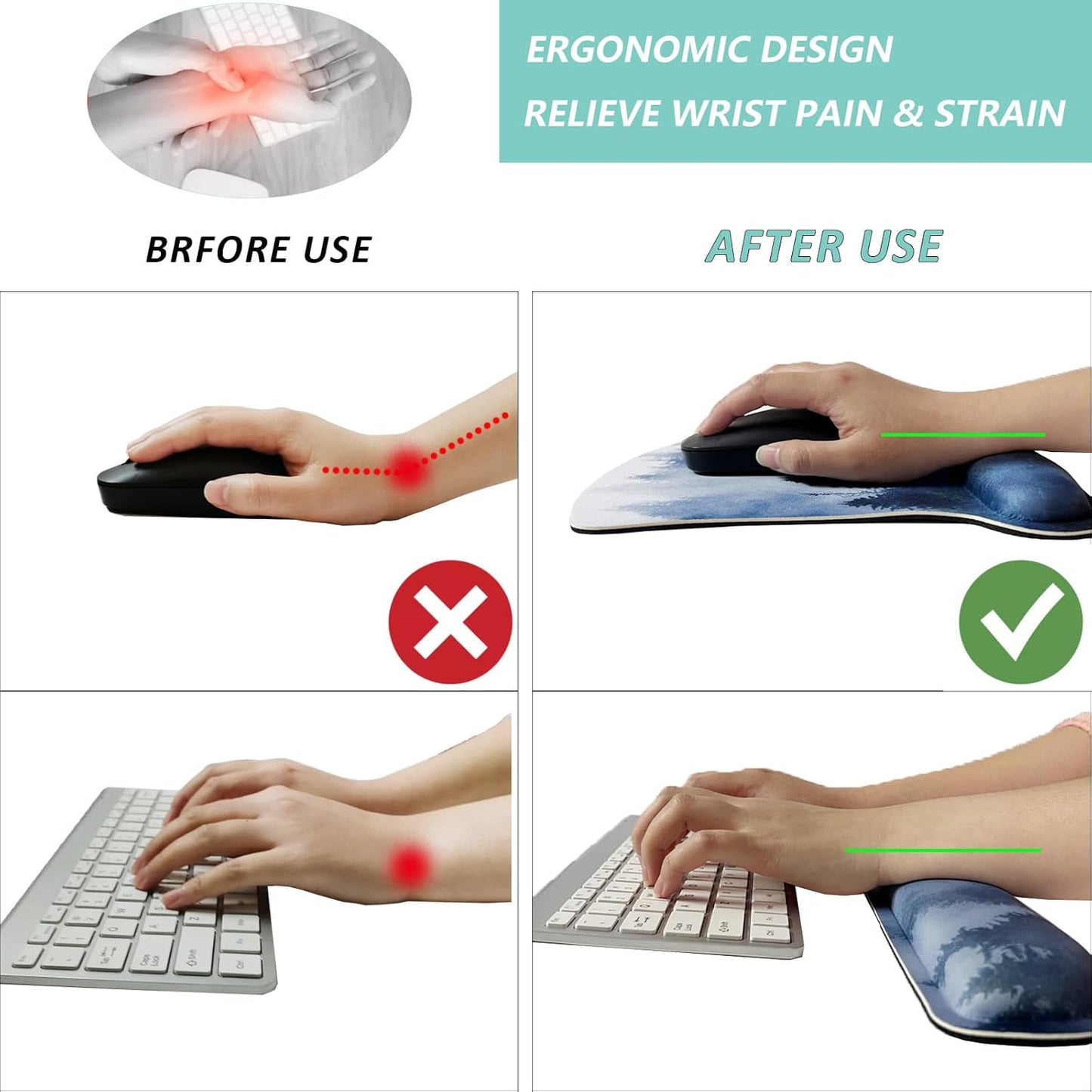 Keyboard Wrist Rest Pad Mouse Pad with Wrist Support Set of 3, Gaming Mousepad with Non-Slip Rubber Base, Ergonomic Memory Foam Mouse Cushion Support for Home Office Laptop Computer, Navy Blue