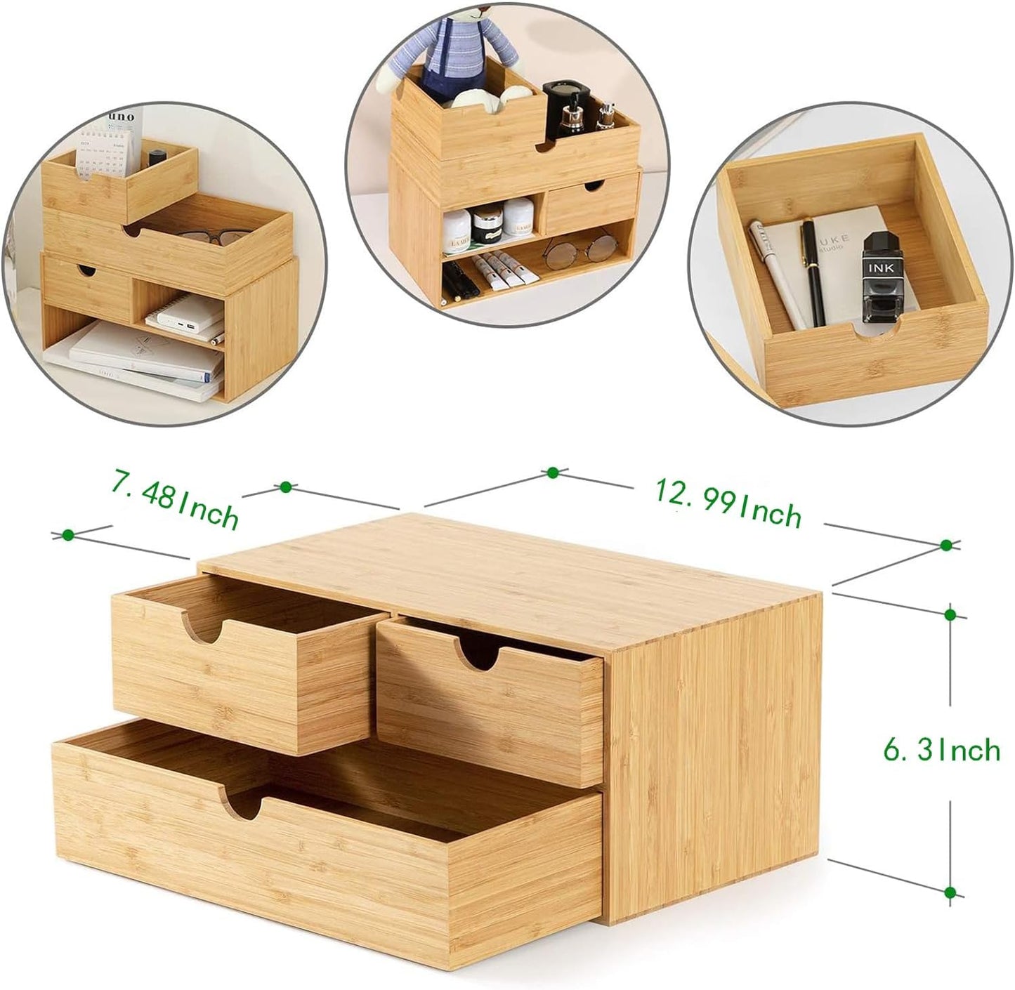 Wisuce Bamboo Desk Drawer Organizer, Desktop Organizer with Drawers Tabletop Storage Organization Box for Office Home Toiletries Supplies Vanity, No Assembly Required(3 Drawers-left right)