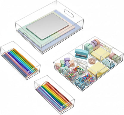 Briwooody 4 Pack Desk Drawer Organizer Set 3 Size Clear Acrylic Drawer Organizer Trays and Storage Dividers Office Accessories for Pen Makeup Silverware Office Bathroom