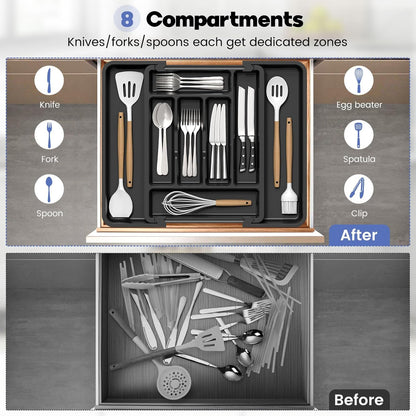 Caperci Large Silverware Organizer for Kitchen Drawer & Utensils - Expandable Drawer Organizer for Cutlery, Flatware & Gadget, BPA-Free Thick Plastic, Wider Compartments & Non-skid Feet (Tofu)