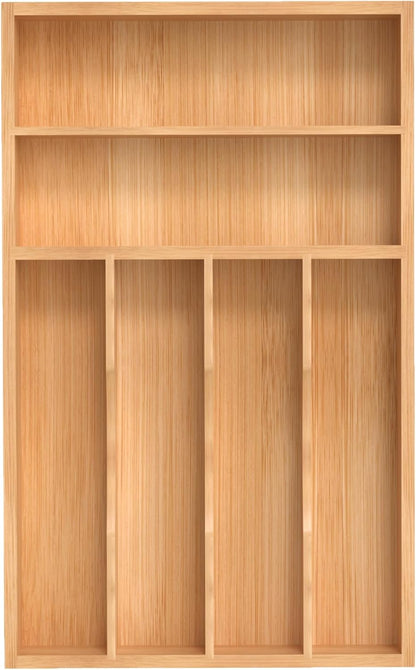 Small Silverware Organizer, Bamboo Kitchen Drawer Organizer, Utensil Holder, Cutlery Tray & Spoon Flatware Storage with Grooved Drawer Dividers (6.7''W x 12''D)