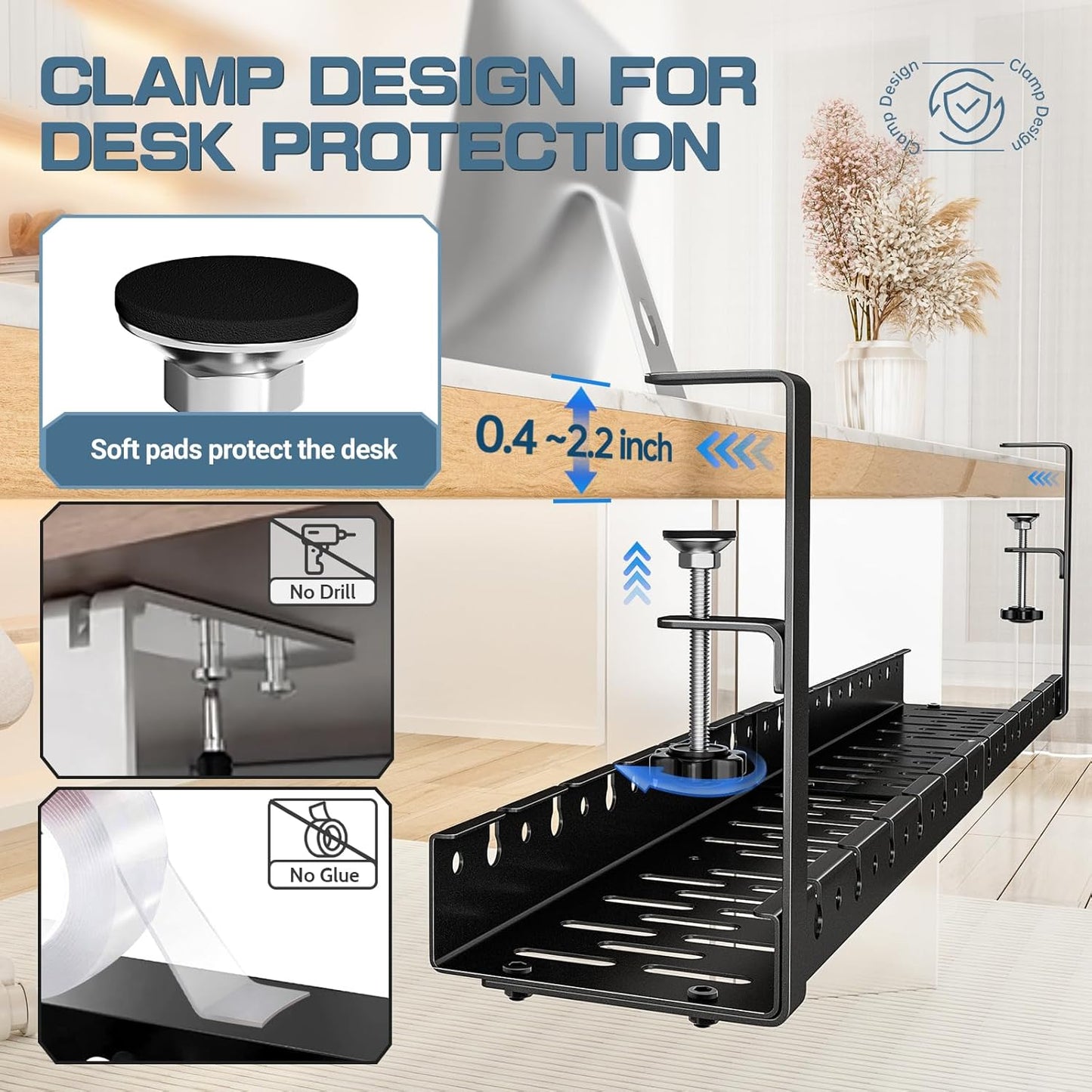 Shikha Cable Management Under Desk, 15.7"-31" Retractable Cable Management Tray, No Drilling Cord Organizer with Clamp for Desk, Under Table Wire Management Tray for Home Office -White