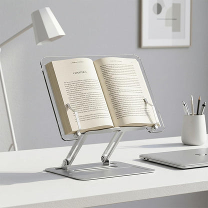 Premium Aesthetic Aluminum Acrylic Book Stand for Reading, Ergonomic Book Holders for Reading Hands Free, Portable Laptop Book Stand for Desk, Reading Stand for Textbook, Recipe, Music Sheets