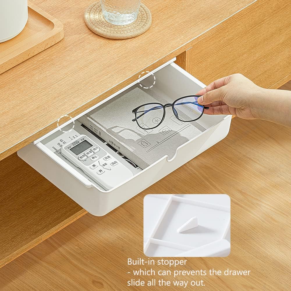 Poeland Under Desk Drawer Self-Stick Storage Organizer for Office Home School, Holders for Desk Accessories, Large Size, White
