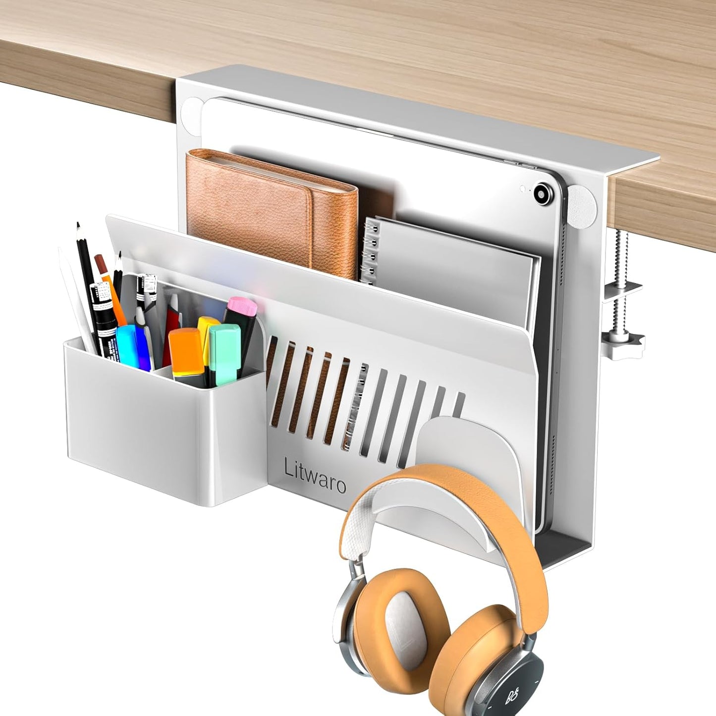 Litwaro Desk Side Storage Organizer, 2 Tier Under Desk Laptop Holder No Drill, Laptop Mount with Magnetic Pen Holder, Hanging Desk Organizer Fits Flat Edge Desks 0.4" to 2.1" (White)