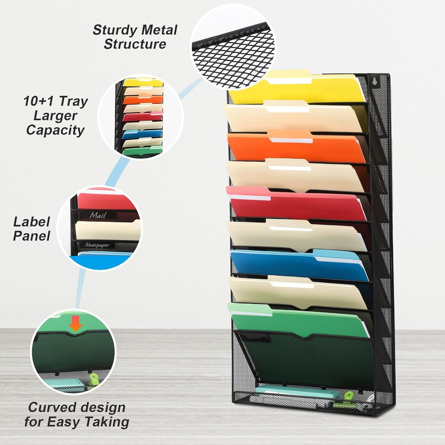 EASEPRES Desk File Organizer Mesh 6-Tier, Hanging Wall Mount Document Organization Stand, Desktop Vertical Mail Paper Folder Holder Rack with Bottom Tray for Office Home Cubicle Countertop, Black