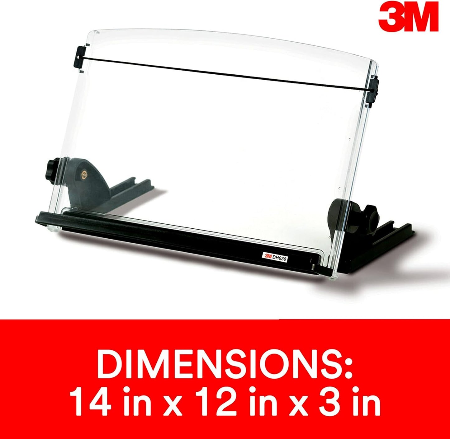 3M Adjustable Document Copy Holder, Inline with Monitor Minimizing Head and Neck Movement, 150 Sheet Capacity, Holds Sheets and Books, Elastic Guide Keeps Pages Open, 14 in Wide, Black/Clear (DH630)