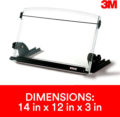 3M Adjustable Document Copy Holder, Inline with Monitor Minimizing Head and Neck Movement, 150 Sheet Capacity, Holds Sheets and Books, Elastic Guide Keeps Pages Open, 14 in Wide, Black/Clear (DH630)