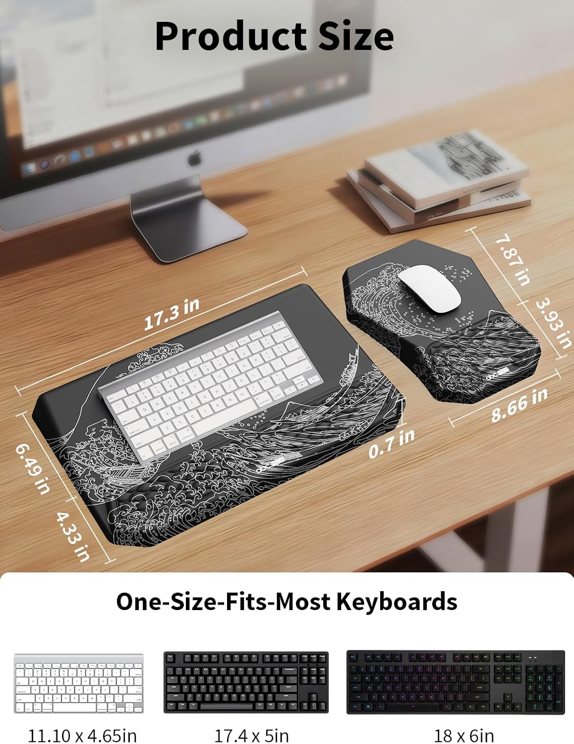 3-in-1 Ergonomic Keyboard Stand with Wrist Rest & Mouse Pad Set, Comfy Keyboard Riser Holder Soft Mousepad with Massage Design, Memory Foam and Non-Slip PU Base for Pain Relief, Black