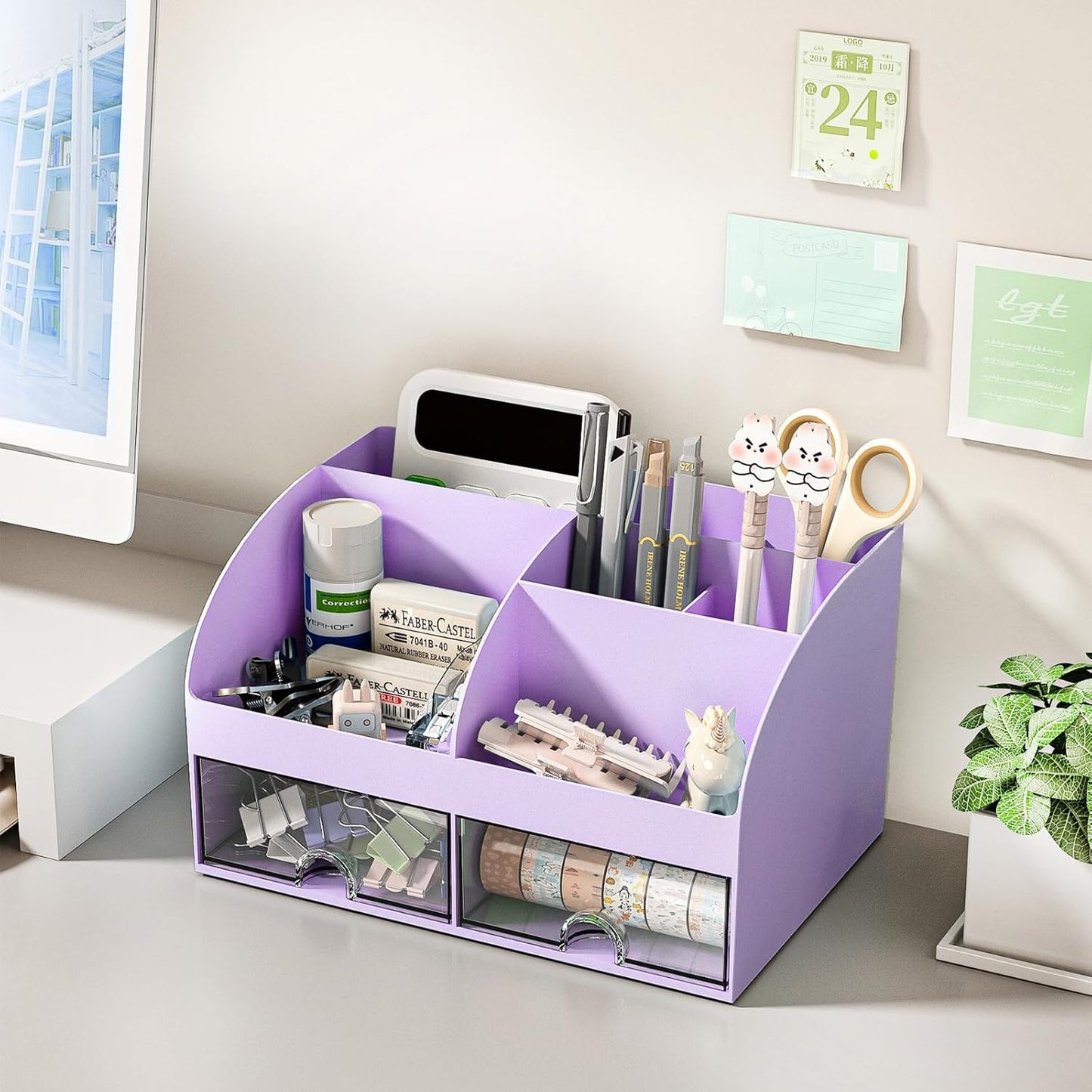 COMFYROOM Desk Organizer with 6 Compartments and 2 Drawers, Plastic Makeup Organizer, Pen Holder for Desktop Storage, Desk Organization for School, Home, Office Supplies (White)