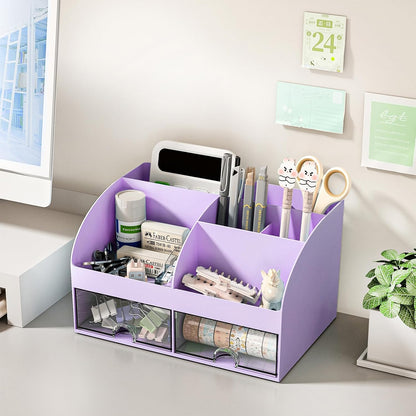 COMFYROOM Desk Organizer with 6 Compartments and 2 Drawers, Plastic Makeup Organizer, Pen Holder for Desktop Storage, Desk Organization for School, Home, Office Supplies (White)
