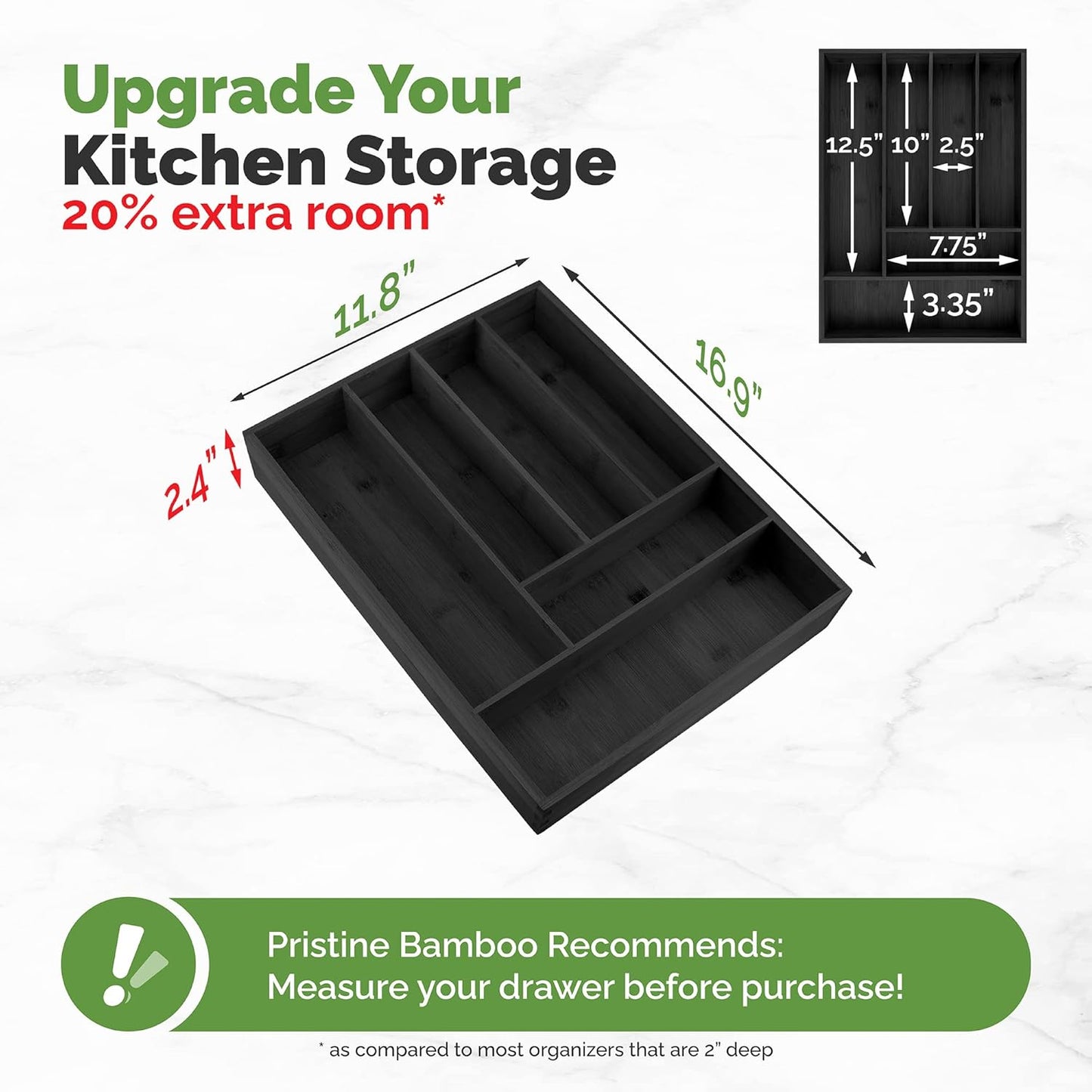 Pristine Bamboo Expandable Drawer Organizers for Kitchen - Extra Deep Non-Slip 17” x 14.6” (expands up to 25 inches) - Dark Wooden Silverware Divider (10 Compartments) – Organize Cooking Utensils