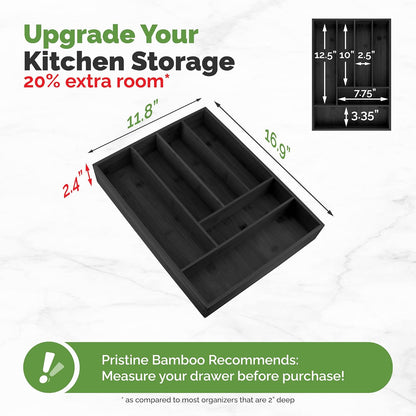Pristine Bamboo Expandable Drawer Organizers for Kitchen - Extra Deep Non-Slip 17” x 14.6” (expands up to 25 inches) - Dark Wooden Silverware Divider (10 Compartments) – Organize Cooking Utensils