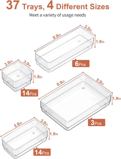 SMARTAKE 13-Piece Drawer Organizer with Non-Slip Silicone Pads, 5-Size Desk Drawer Organizer Trays Storage Tray for Makeup, Jewelries, Utensils in Bedroom Dresser, Office and Kitchen (Clear)