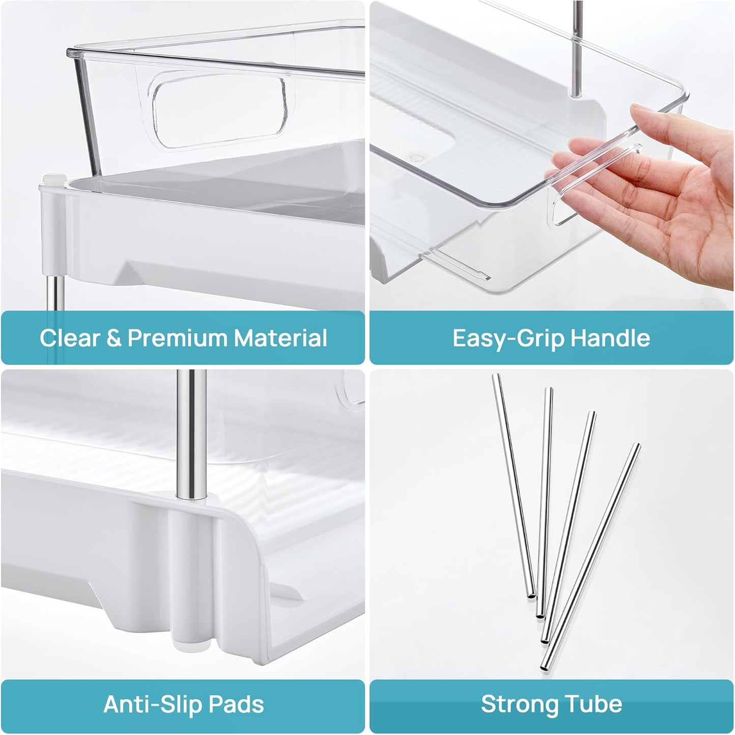 Vtopmart 4 Pack Bathroom Organizer, 2 Tier Clear Under Sink Organizers Vanity Countertop Storage Container,Cabinet Drawers Bins, Pull-Out Organization with Track for Pantry, Kitchen