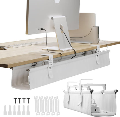 Ascrono Original No Drill Under Desk Cable Management Tray 27.3" - Premium White Fabric Cable Management Under Desk - Clamp/Screw Mount Cord Organizer - Supports Upto 66lbs