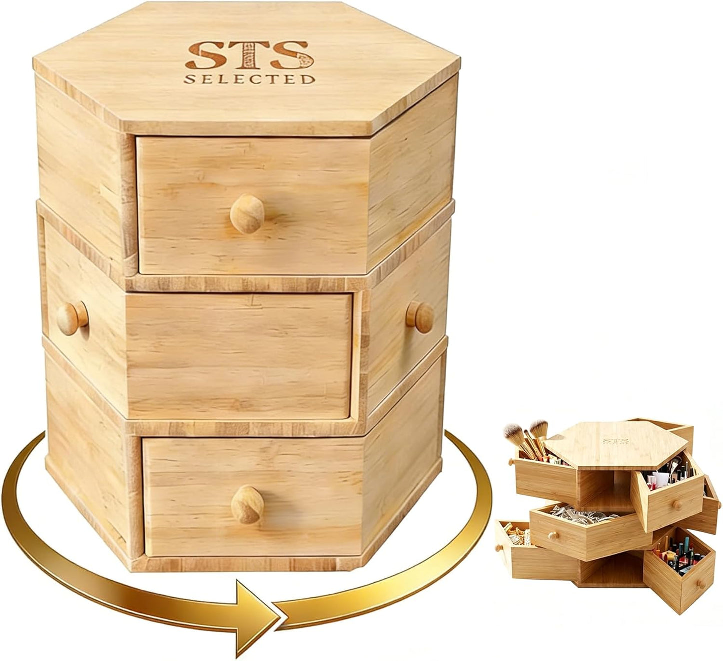 360° Rotatable Bamboo Desktop Organizer, Large Capacity Cosmetic & Jewelry Storage for Makeup Serum, Diamond, Easy Setup No Assembly (4-Tier 12-Drawers)
