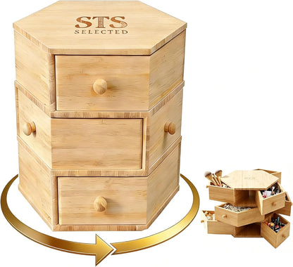 360° Rotatable Bamboo Desktop Organizer, Large Capacity Cosmetic & Jewelry Storage for Makeup Serum, Diamond, Easy Setup No Assembly (4-Tier 12-Drawers)