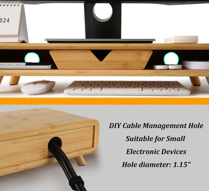 Homerays Monitor Stand with Drawer, Exquisite Computer Monitor Stand for Desk, Ergonomic Wood Monitor Stand Riser for Computer,Laptop,Printer,TV,Bamboo,White