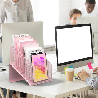 Inclined Desk File Organizer Metal Desk Magazine Folder Holder with 8-Section Vertical Compartments Rack File Organizer for Office, Home, School, Black