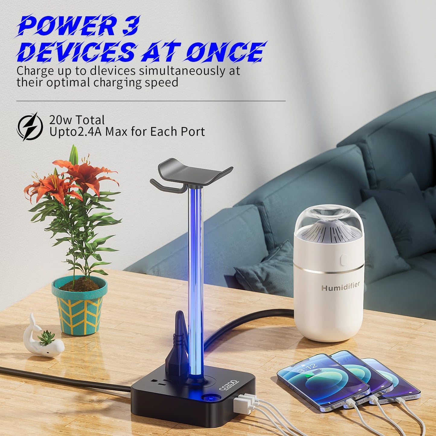COZOO Headphone Stand with USB Charger Desktop Gaming Headset Holder Hanger with 3 USB Charging Station and 2 Outlets Power Strip,Suitable for Gaming, DJ,Wireless Earphone Display, Gamer Gifts for Men