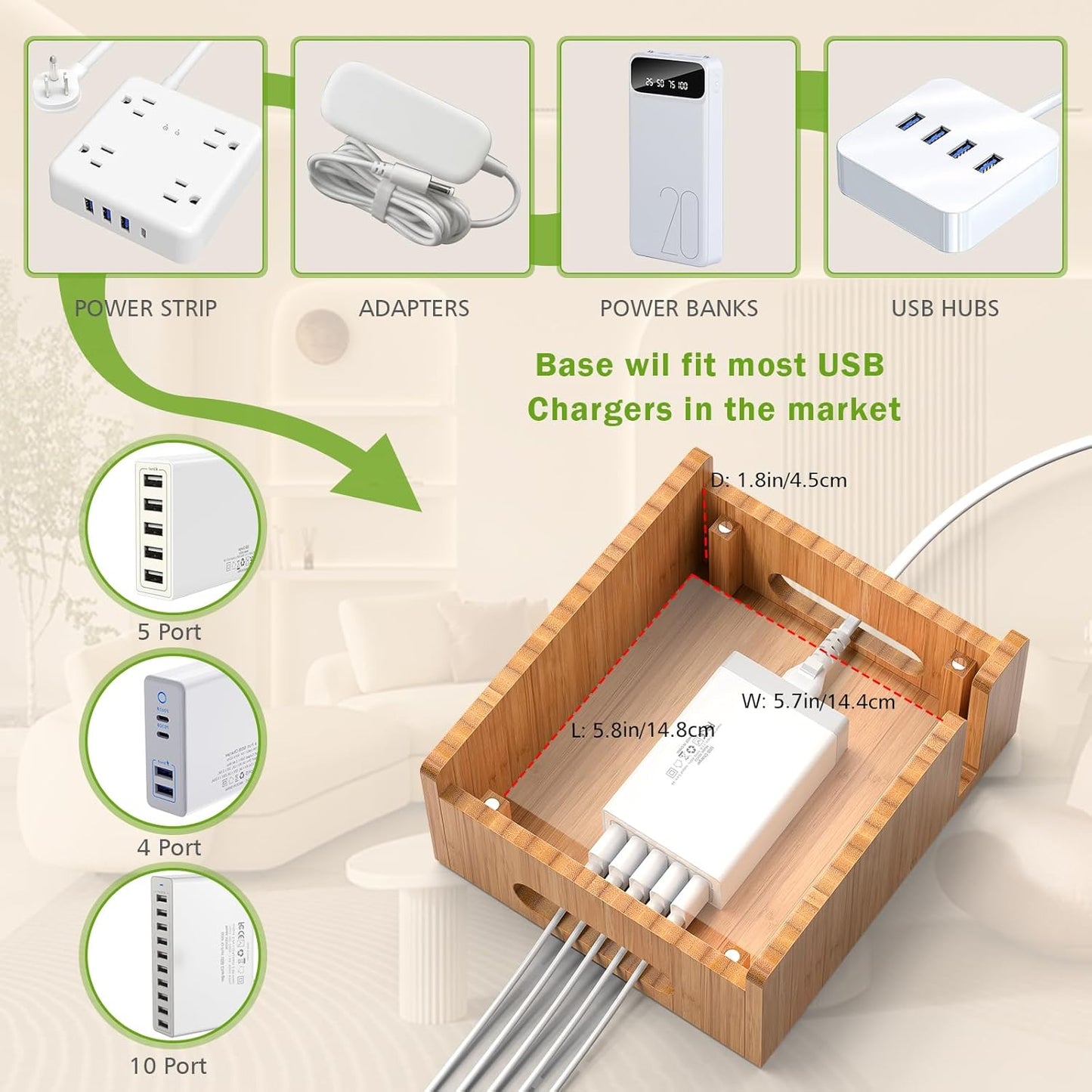Pezin & Hulin Bamboo Charging Station for Multiple Devices with 5 Port USB Charger, 5 Cables, Smart Watch & Earbuds Stand, Desk Docking Stations Electronic Organizer for Cell Phone, Tablet