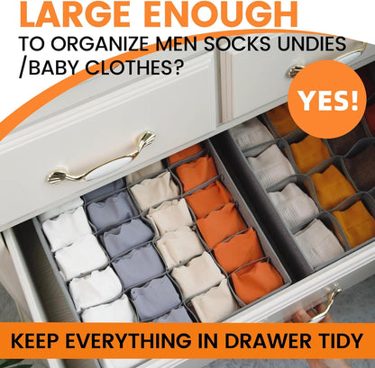 Criusia 6 Pack Large Drawer Organizer for Sock Underwear - Washable Heavy Duty Fabric Closet Organizers and Storage Bins - 90 Cells Dresser Organizer Divider for Baby Clothes, Ties, Belt (Grey)