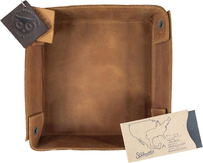 Hide & Drink, Leather Catchall Tray, Easy Access Organizer for Keys, Coins, Change, Jewelry, Watches, Smartphones, Durable, Vintage Style, Handmade :: Bourbon Brown