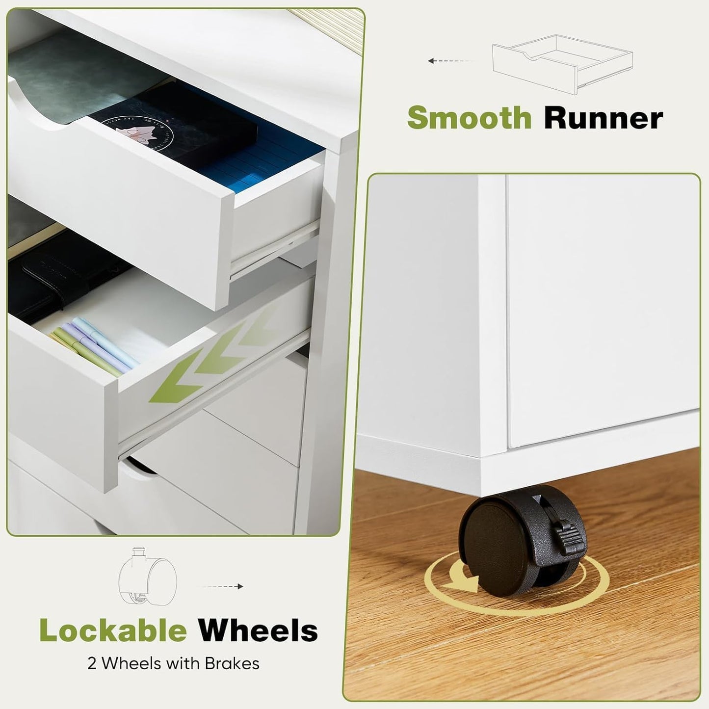 5 Drawer Mobile File Cabinet Under Desk Storage Organization with Wheels Vertical Filing Chest Rolling Wood Small Desk Printer Stand for Home Office, White