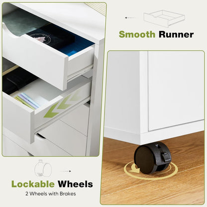 5 Drawer Mobile File Cabinet Under Desk Storage Organization with Wheels Vertical Filing Chest Rolling Wood Small Desk Printer Stand for Home Office, White