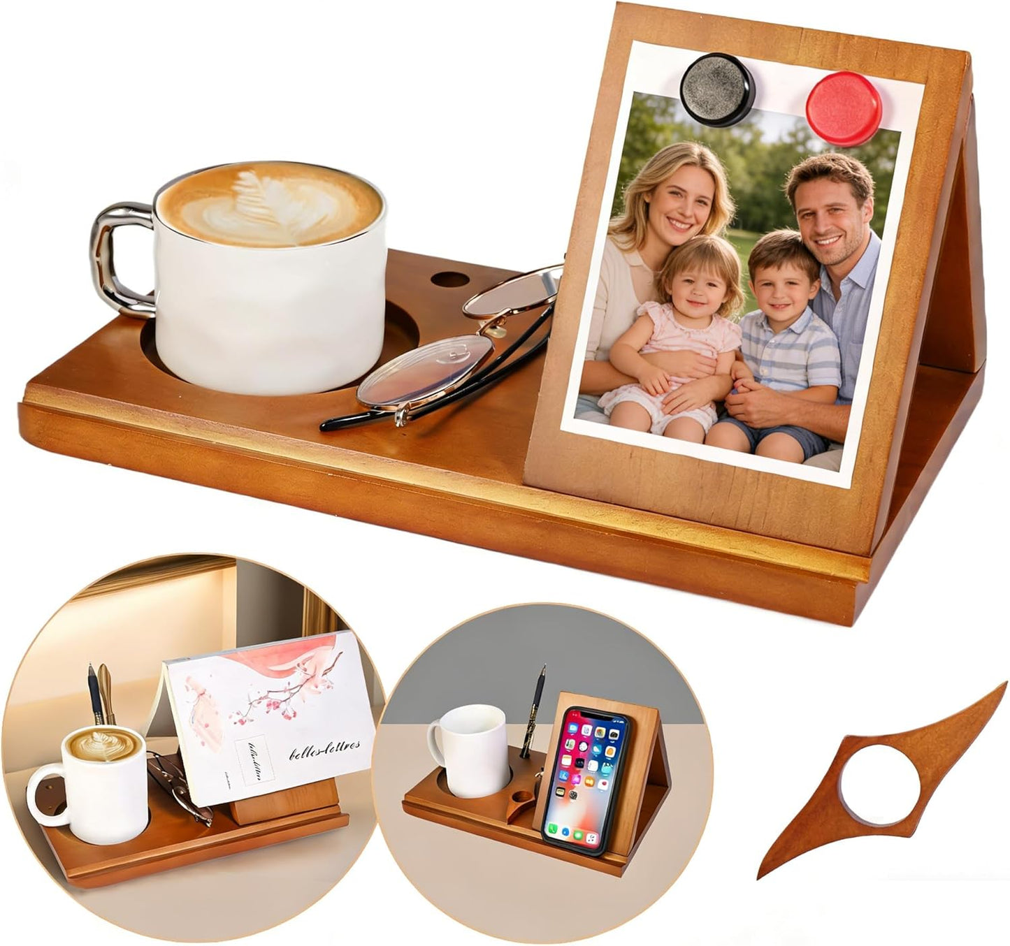 Wood Desktop Book Stand for Reading Rest Birthday and Mothers Day Gifts, Book Page Holder Thumb Bookmark,Magnet Couple Photo or Note, Book Accessories, Triangle Book Nook with Cup for Book Lovers
