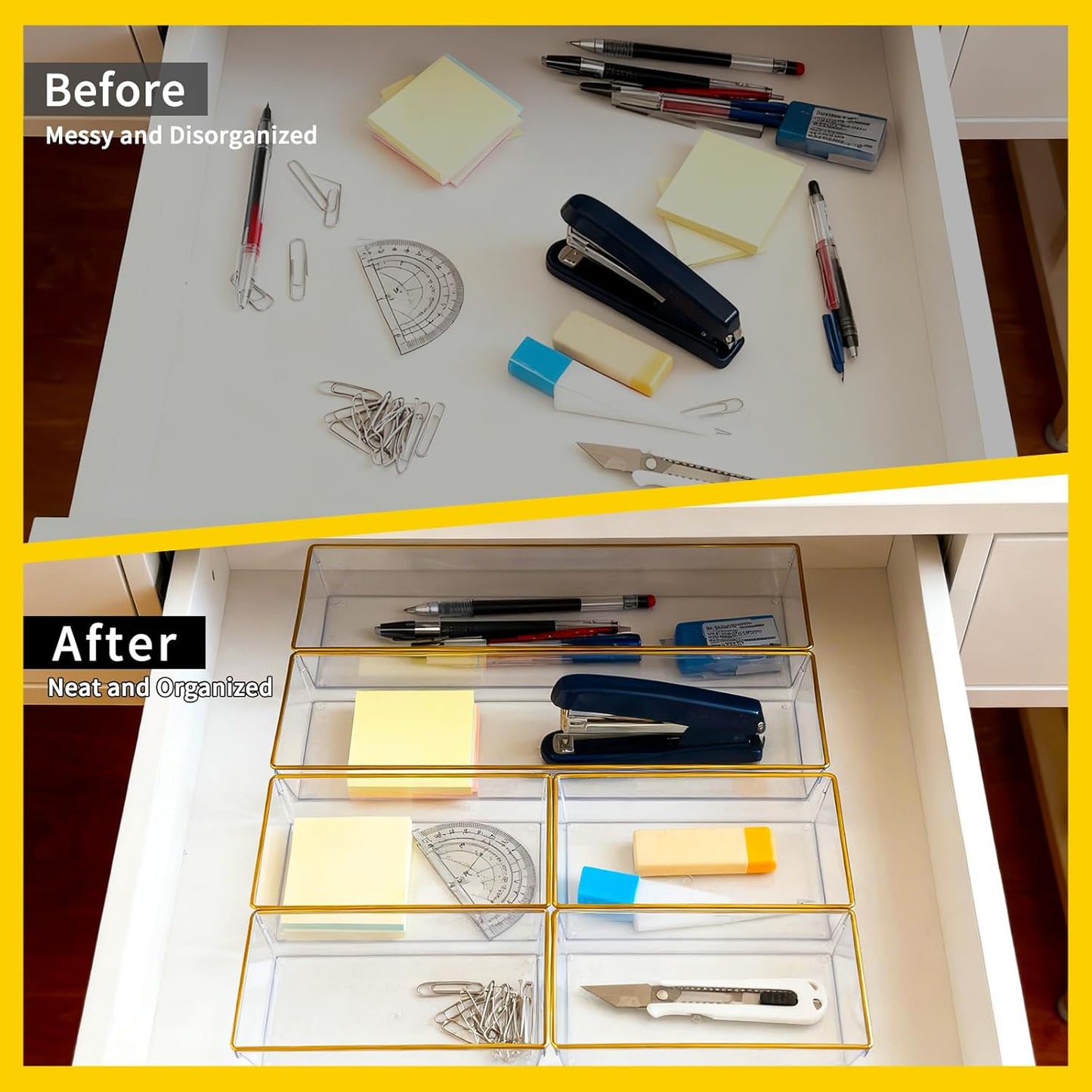 4 Pack Large Size Clear Stackable Drawer Organizer Trays, Gold Rim Makeup Drawer Storage Tray Divider, Desk Storage for Makeup, Jewelry, Bathroom, Stationary, Kitchen Utensils and Office Desk