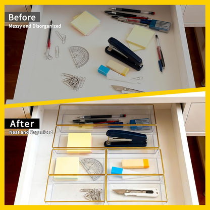 4 Pack Large Size Clear Stackable Drawer Organizer Trays, Gold Rim Makeup Drawer Storage Tray Divider, Desk Storage for Makeup, Jewelry, Bathroom, Stationary, Kitchen Utensils and Office Desk