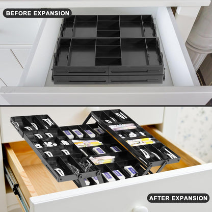 Aobiono Multi Level Smart Drawer Organizer, Multi Tier Expandable Storage Collapsible Foldable Trays for Jewelry, Cosmetics, Makeup, Tools, Battery (White, Single Row - 2 Levels)