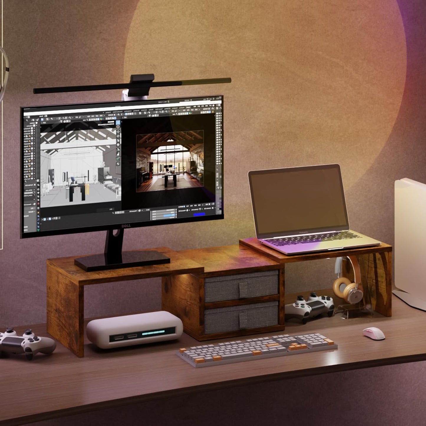 TEAMIX Dual Monitor Stand Riser with 2 Drawers-Length and Angle Adjustable 3 Shelf Monitor Riser with Storage Desk Organizer Large Computer Monitor Stand for 2 Monitors/Laptop/PC,Wood Screen/TV Stand