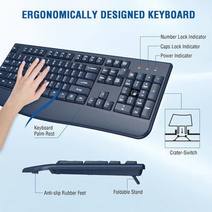 Wireless Keyboard and Mouse Combo, EDJO 2.4G Full-Sized Ergonomic Computer Keyboard with Wrist Rest and 3 Level DPI Adjustable Wireless Mouse for Windows, Mac OS Desktop/Laptop/PC